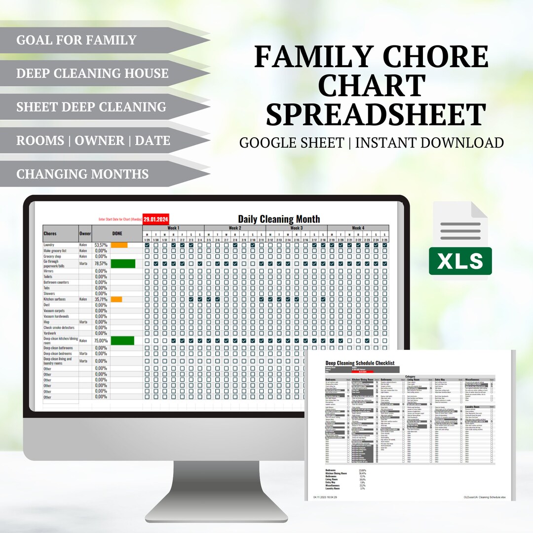 Family Chore Chart Spreadsheet, Family Chore Chart Printable, Weekly
