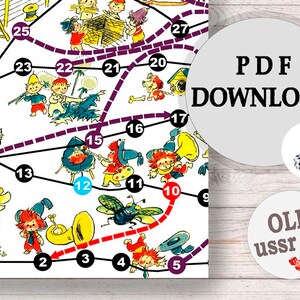 PDF ダノの冒険ボードゲーム、ビッグトラベルゲーム、動くウォーキング幼児ゲーム、ソ連、1971年代インスタントデジタルダウンロード、12×27インチ