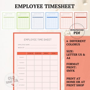 6set Employee Timesheet, Printable Timesheet, Time Tracker, Work Log, Timekeeping Sheet, Time Log Employee