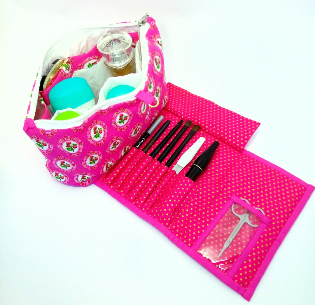 Pink Cosmetic Bagmakeup Bag & Brush Holdertravel Makeup Casecotton