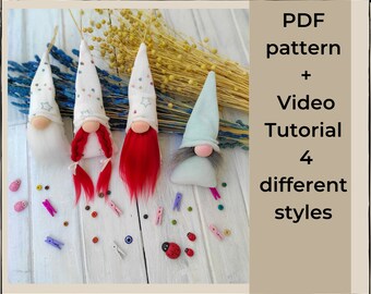 Mini Gnome Sewing Patterns + Video,  Gnome with mustache, beard and braid, Pdf sewing pattern, Gnome Video Tutorial