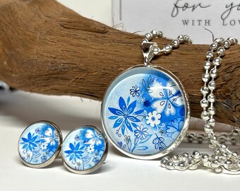 Schmuckset Silber blau weißes Blumenmotiv Geschenk Frau zum Valentinstag Ohrringe Halskette silber Geschenkset