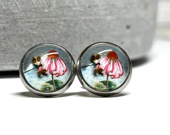 Edelstahl Ohrstecker mit 10mm Cabochon Motiv Blume Libelle Türkis Allergiker geeignet