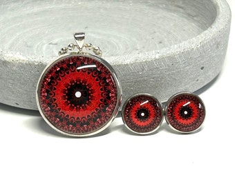 Schmuckset Silber mit Halskette und Anhänger und Ohrstecker Mandala Rot/Schwarz Cabochonschmuck