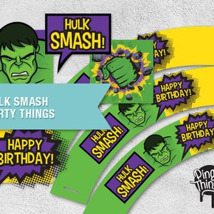 Hulk Smash Cupcake Toppers, Birthday Party, Confetti, Holders, Happy Birthday