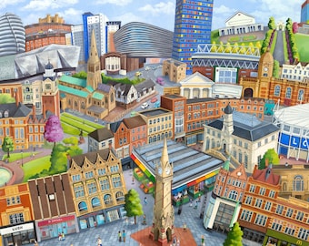 Leicester illustration print, Leicester map, landmarks, limited edition print, Leicester painting, cityscape, urban art, leaving gift
