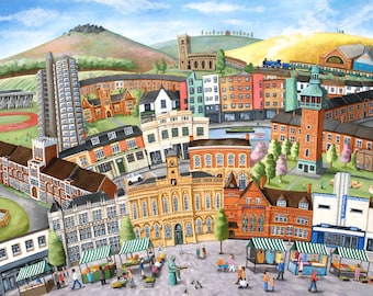 Loughborough illustration print, Loughborough map, landmarks, limited edition print, painting, cityscape, urban art