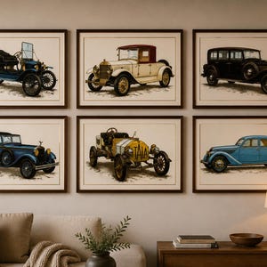 Può includere: Un set di sei stampe artistiche incorniciate raffiguranti automobili d'epoca. La collezione comprende un'auto decappottabile blu scuro, una roadster color crema e rossa, una berlina nera, una berlina blu scuro, un'auto da corsa gialla con il testo TALA e una berlina azzurra.