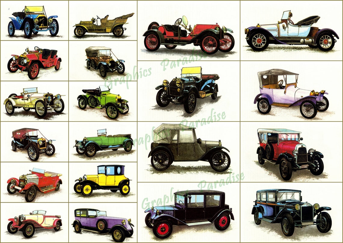 Set of 88 Vintage CARS Clipart Printable Illustration for Decoupage ...
