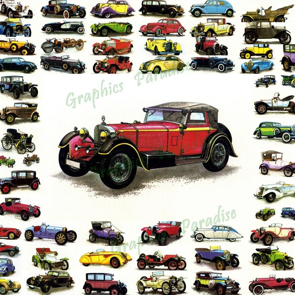 set of 88 Vintage CARS Clipart Printable Illustration for Decoupage, Wall Art Prints - VintageMotorcycles