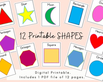 Teaching and learning shapes. Shapes flash cards or use as posters for wall. 12 Colorful and bright shapes!