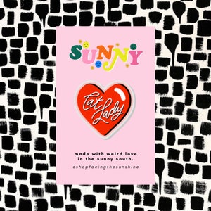 acrylic pin | cat lady cat mom pin | nashville | kitten kitty | pet illustration | heart | denim jacket | colorful | pin | flair