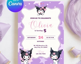 Invito di compleanno in stile Kawaii Gothic / Modello Canva modificabile (Download digitale)