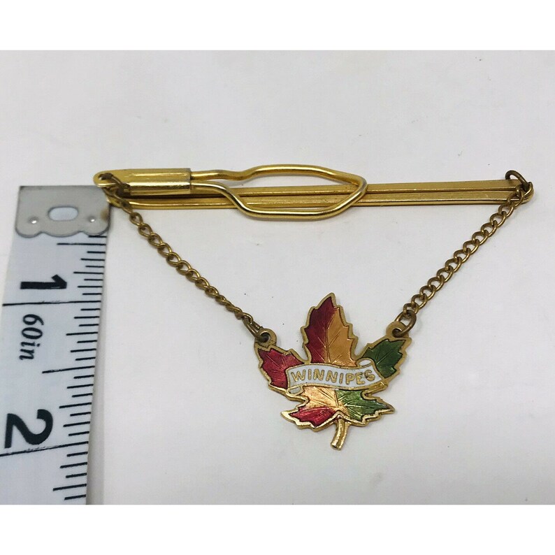 Vintage Winnipeg Canada Gold Tone Enamel Tie Bar Clip Canada Maple Leaf