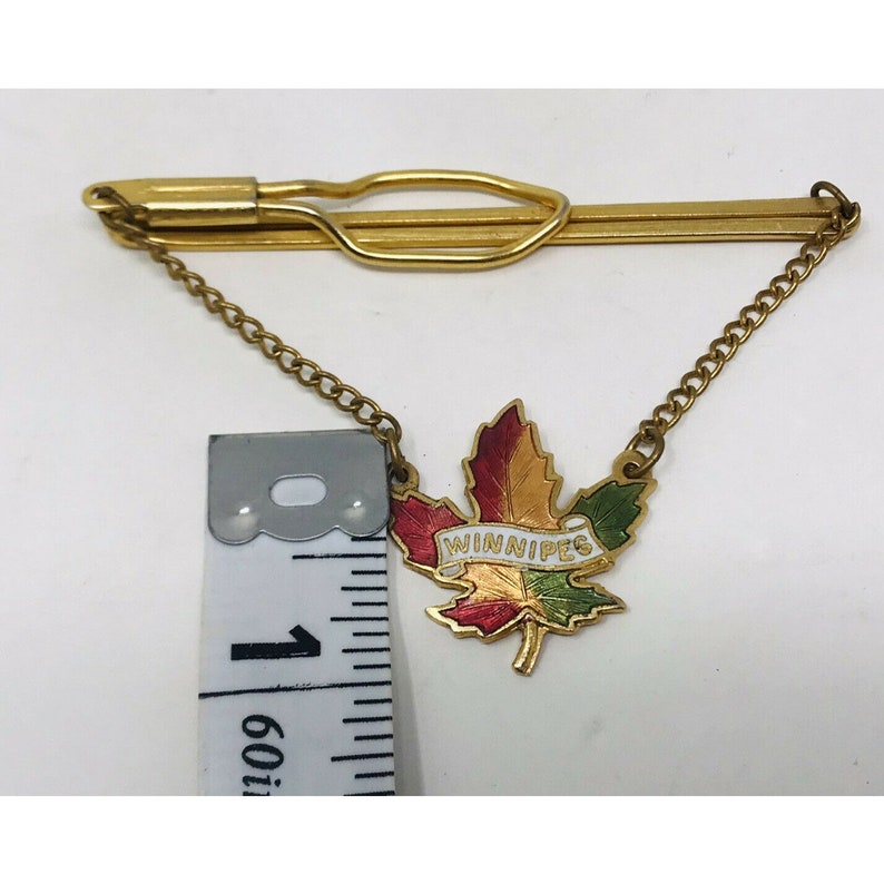 Vintage Winnipeg Canada Gold Tone Enamel Tie Bar Clip Canada Maple Leaf