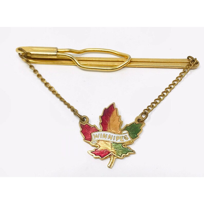 Vintage Winnipeg Canada Gold Tone Enamel Tie Bar Clip Canada Maple Leaf