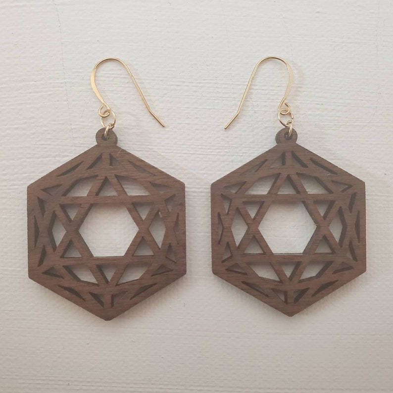 14k Gold Sacred Geometry Small Icosahedron Black Walnut Wood Laser Cut Earrings