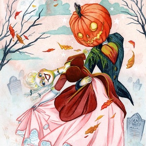 May include: A watercolour painting depicting a pumpkin-headed figure in a green suit dancing with a woman in a pink dress. The scene is set in a graveyard with tombstones and falling leaves.