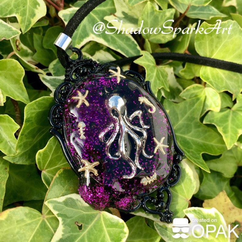 Drippy Octopus Necklace with Purple Galaxy Glitter Seahorse and Starfish Detail Made to Order FREE SHIPPING