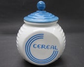 Fire King Vitrock Blue Circle CEREAL Glass Canister - Depression Kitchen Storage Jar