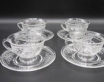 4 Fostoria June Etch Crystal Cup and Saucer Sets  - Elegant Depression Glass Teacup