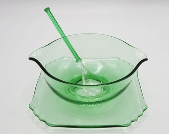 Fostoria Mayfair Green Sauce Bowl with Attached Plate and Spoon - Depression Glass