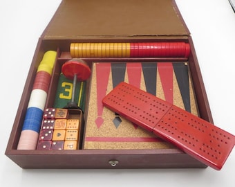 Vintage Bakelite Multi-Game Set - Cribbage, Backgammon, Checkers, Poker Dice ...More