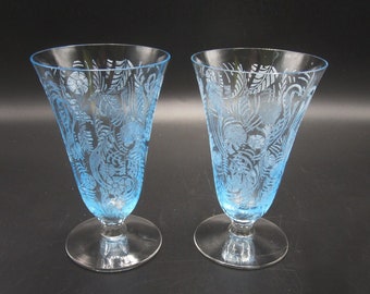 2 Fostoria Kashmir Etch Azure Blue 9 oz  Tumblers - 1930s Deco Glasses - Elegant Barware