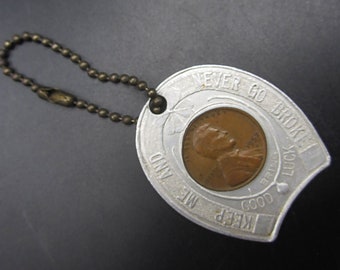 1957 D Wheat Penny Encased Coin Never Go Broke Good Luck Keychain - DC Pharmacy Promo