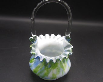 Fenton Vasa Murrhina Blue Green Aventurine Art Glass Basket