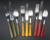 9 pcs Bakelite and Stainless Flatware 3 Place Settings - Red Green Butterscotch - Tested