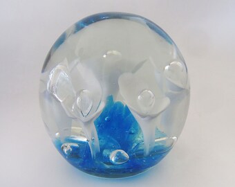 St Clair White Trumpet Flower on Turquoise Art Glass Paperweight