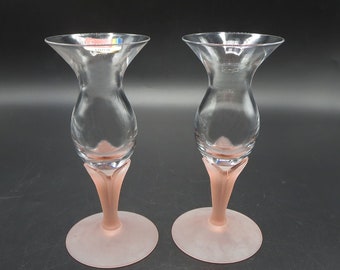 Fostoria Lotus Peach Mist candlesticks Pair - Original Label - Pink Satin and Crystal Glass, Signed