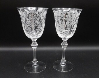 2 Tiffin JUNE NIGHT Etch 10 oz Goblets  Elegant Wine Glasses Toasting Stems