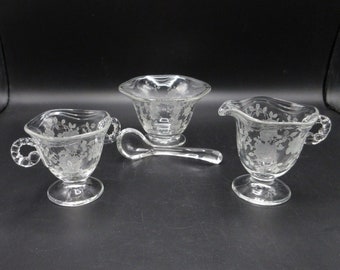 Fostoria Willowmere Mayo or Sauce Bowl with Spoon and Sugar Creamer Set  4 Pieces