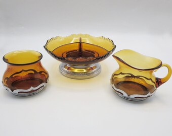 3 Pcs Farber Bros Chrome with Amber Glass - 3 Part Candy, Krome Kraft Sugar Bowl, Creamer