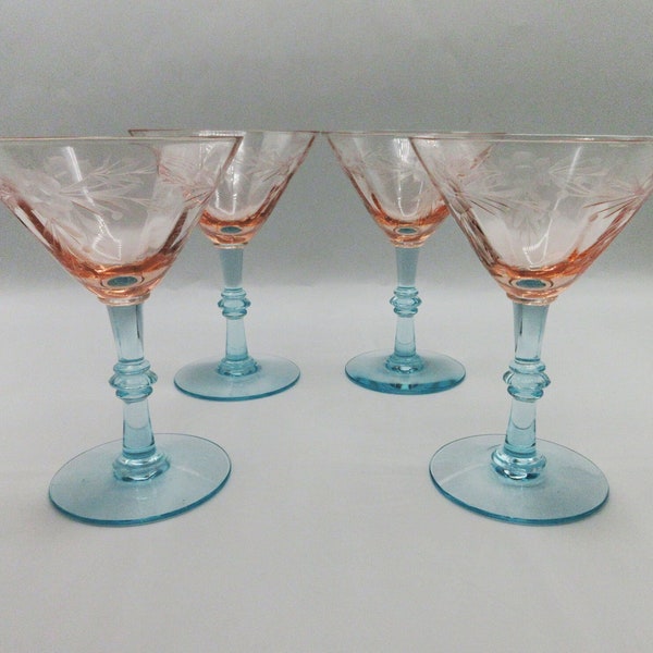 4 Morgantown Fondale Champagne Coupe Glasses Pink Bowl Aqua Blue Uranium Glass Stem Cutting