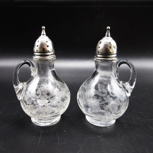 Cambridge Chantilly Handled Salt & Pepper Shakers 3400 Sterling Lids Elegant Depression Glass 