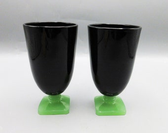 1930s Fenton Elizabeth Black Tumbler with Jade Green Foot Deco Two tone Glass