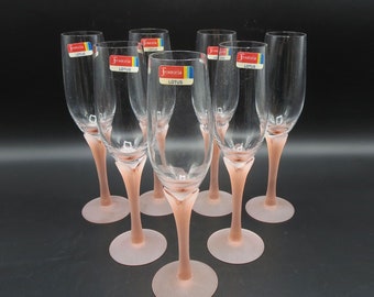 7 Fostoria Lotus Peach Mist 6 oz Champagne Flutes with Original Label, Signed - Pink Satin and Crystal Glasses