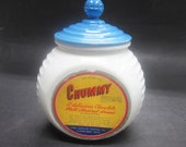 RARE Fire King Vitrock Blue Circle CEREAL Glass Canister Chummy Advertising