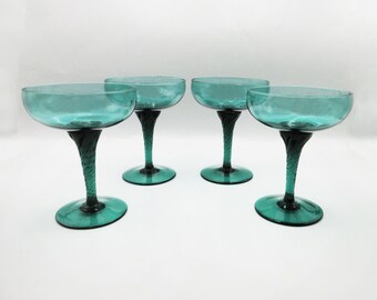 4 Vintage Teal Blue-Green Coupe Glasses Saucer Champagnes Twist Stem Empoli Italy