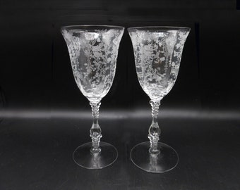 2 Cambridge ROSE POINT Etch #3121 Goblets  Elegant Depression 10 oz Wine Glasses Toasting Stems