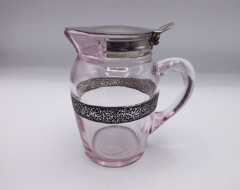 Odd Pink Lavender Syrup Pitcher Jug Metal Flip Lid Patent 1916 E. & J.B. US Glass Tiffin?