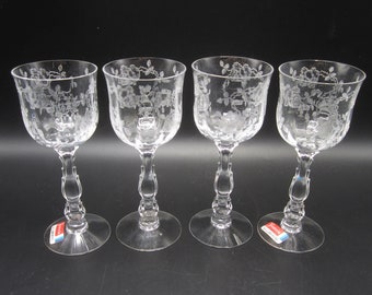 4 Fostoria WILLOWMERE Etch 4 oz Claret on 6024 Cellini Shape - 2 with Original Labels- HTF Elegant Stems Goblets