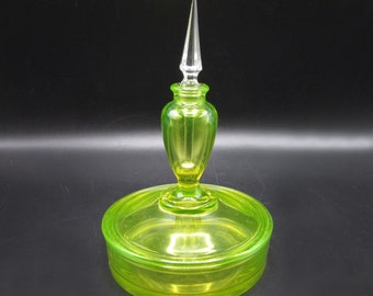 Fostoria Vaseline Canary Perfume Powder Box Vanity Set Stopper w Dauber 1920s Uranium Glass