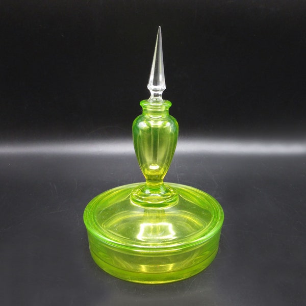 Fostoria Vaseline Canary Perfume Powder Box Vanity Set Stopper w Dauber 1920s Uranium Glass