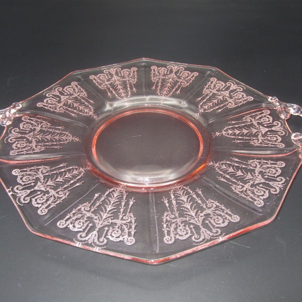Deco Cambridge Cleo Etch Pink Handled Cake Plate Decagon - Elegant Depression Glass Serving Tray