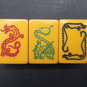 3 Bakelite Dragon Mahjong Tiles Butterscotch Honor Tile Replacement or for Jewelry Crafts - Tested