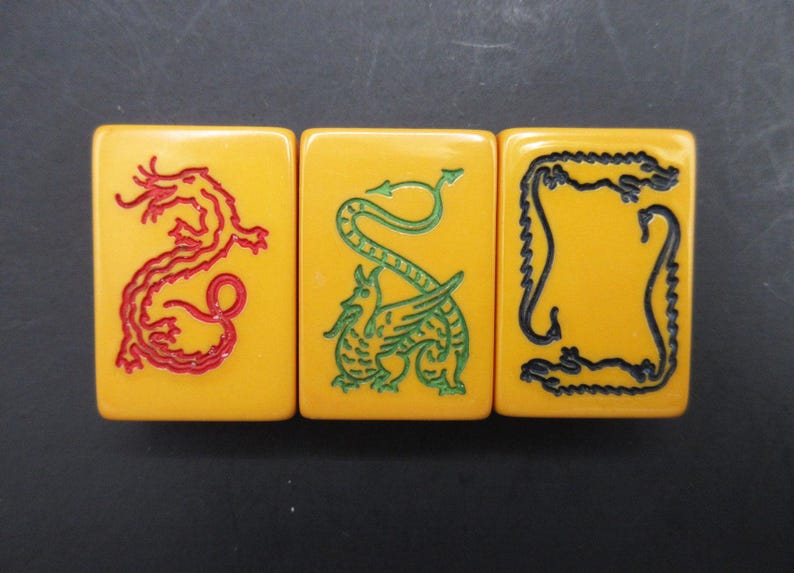 3 Bakelite Dragon Mahjong Tiles Butterscotch Honor Tile Replacement or for Jewelry Crafts - Tested image 1